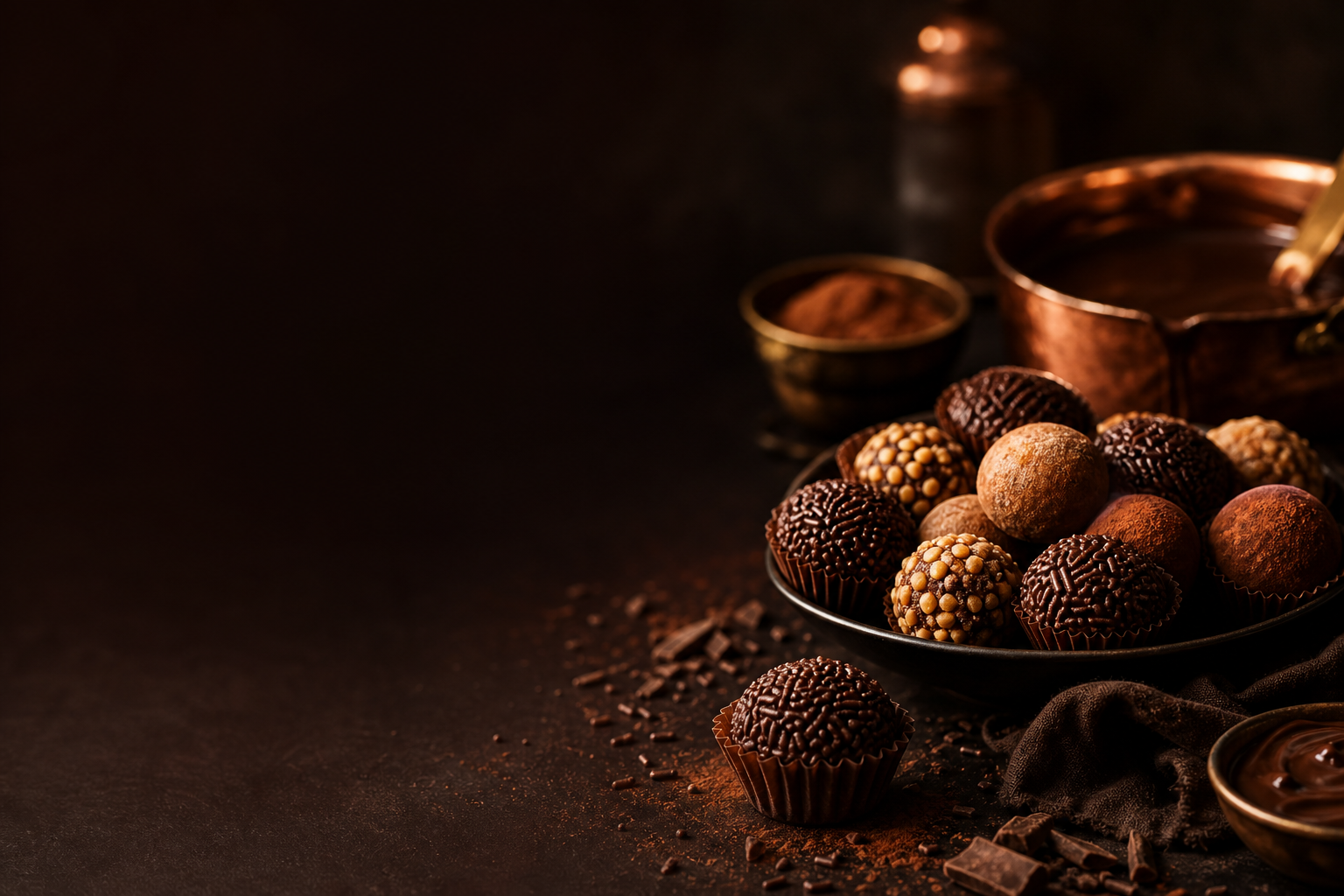 cena de brigadeiros artesanais em bancada escura