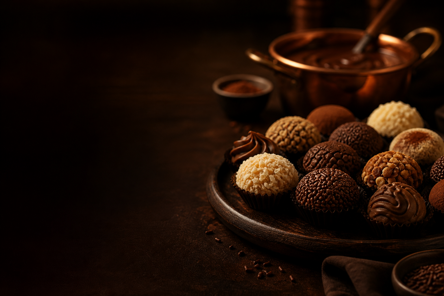 mesa de produção com brigadeiros prontos e acabamento artesanal